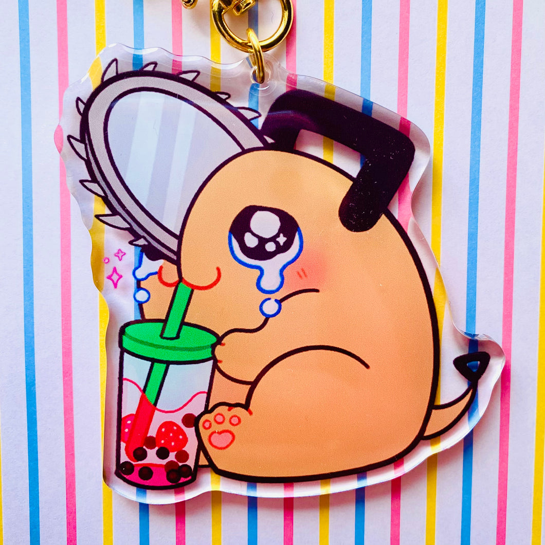 Pochita with a Pink Drink Keychain